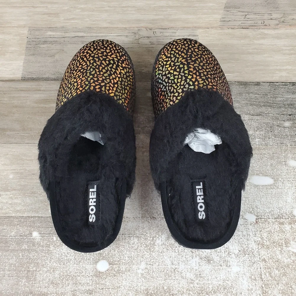 Sorel Nakiska Slide II Kids Shoes Sz 4 Black‎ Sea Salt Faux Fur Lined Slippers